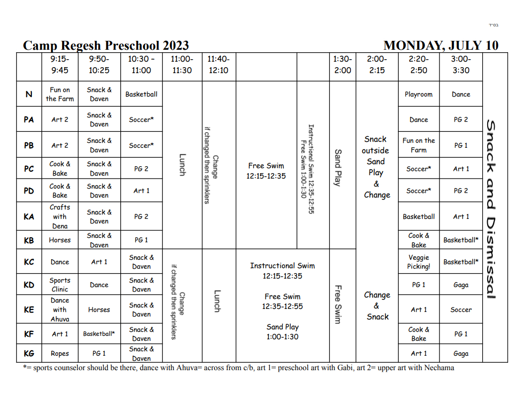 Sample Preschool Schedule